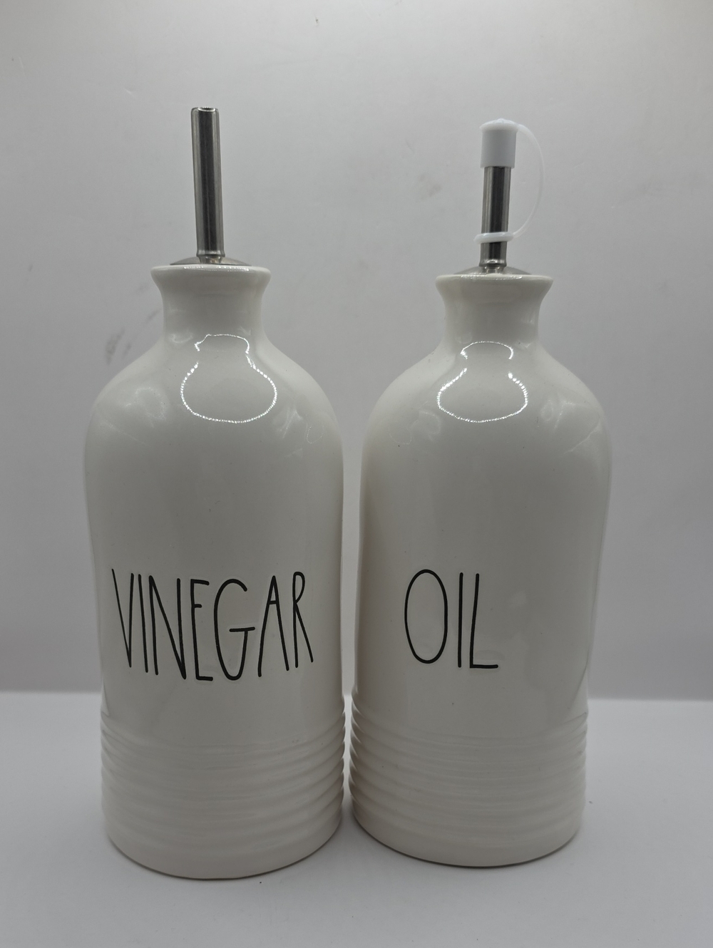 Rae Dunn White OIL & VINEGAR Dispenser Set Magenta Artisan BOUTIQUE Ceramic